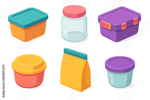 Stylish Food Containers. Food Containers flat isometric set: airtight tub, glass jar, snack box, insulated bowl, reusable pouch, portion cup.