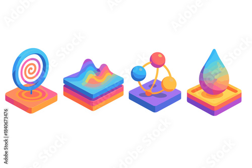 Quantum Dynamics Icons. Quantum Dynamics Sandboxes flat isometric set: simulation-loop coil, wavefunction layer slab, qubit-interaction drop.