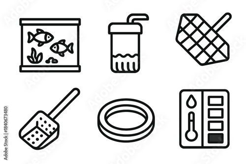 Aquatic Pet Icons. Aquatic Pet Supplies linear set: aquarium tank, water filter, fish net, gravel scoop, floating feeder ring, water quality gauge.