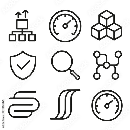 Compute Ecosystem Icons. Adaptive Compute Ecosystems linear set: autoscaling node, task scheduler dial, container cluster block, microservice path, fault-tolerance shield,