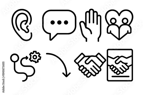 Conflict Resolution Icons. Conflict Prevention Skills linear set: listening ear, open chat bubble, boundary hand, empathy heart, solution path line, de-escalation arrow,
