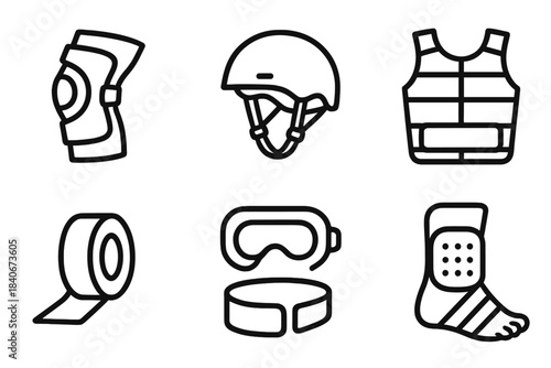 Protective Gear Icons. Active Safety Essentials linear set: knee support, elbow shield, sturdy helmet, padded vest, athletic tape, eye shield, impact-absorbing pad, ankle wrap.