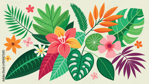 Colorful tropical leaves clipart, highlighting rich greens and intricate patterns, perfect for summer or botanical projects..eps