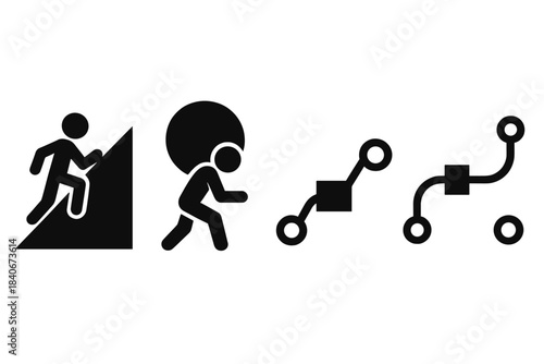 Brutalist Struggle Icons. Daily Struggle Metaphors silhouette set: uphill-climb tile, heavy-load bead, obstacle-path node.