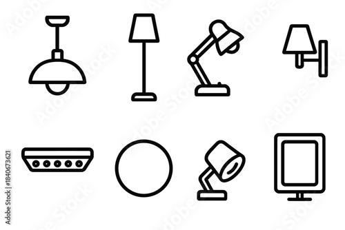 Variety of Home Lighting. Home Illumination Collection linear set: ceiling fixture, tall lamp, compact desk light, side-wall lamp, under-cabinet LED, glow sphere, directional spot