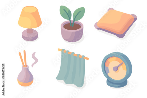 Tranquil Living Icons. Calm Living Environments flat isometric set: soft lamp glow, tranquil plant pot, cozy cushion, scent diffuser, gentle curtain wave, serenity gauge.