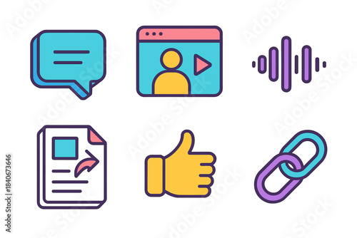 Isometric Communication Icons. Interactive Communication Tools isometric flat set: chat bubble, video window, voice wave, shared document, reaction icon, link symbol.