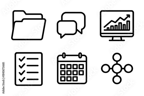 Team Tools Icons. Team-Based Process Support Tools linear set: project folder, communication bubble, analytics panel, checklist sheet, calendar grid, resource hub.