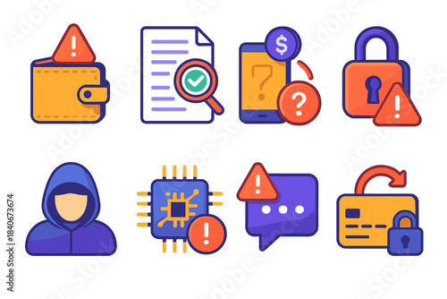 Compromised Identity Icons. Compromised identity set isometric flat set: missing wallet, forged document hint, unusual transaction icon, warning lock, anonymous profile, breached
