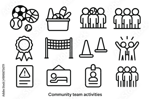 Community Sports Icons. Community Team Activities linear set: mixed-sport ball set, relay markers, shared equipment bin, group start line, participation ribbon, lightweight net,