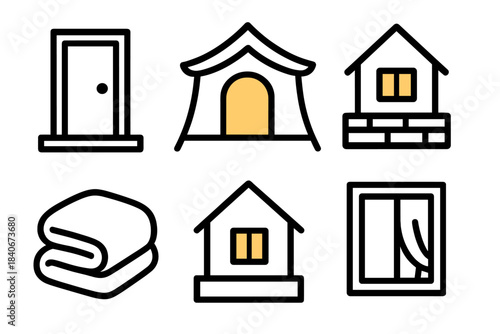 Shelter Icon Set. Shelter linear set: refuge door, sheltering canopy, warm interior glow, firm foundation block, soft blanket fold, calm window.
