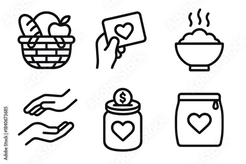 Community Support Icons. Community Aid Items linear set: shared basket, support card, warm meal bowl, helpful gesture, donation jar, comfort pack.