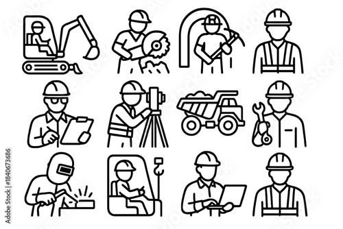Construction Team Icons. Construction & Mining Team Set linear set: digger operator, rock cutter, shaft worker, shift supervisor, risk assessor, mapping surveyor, loader driver,
