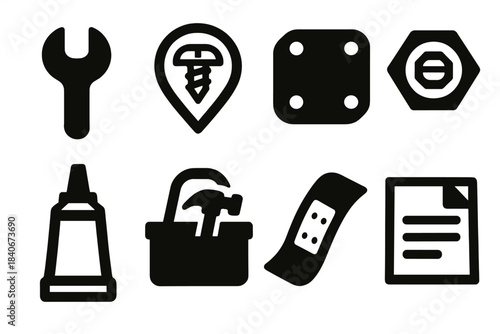 Fix-It Icon Set. Everyday Fix-It Habits silhouette set: small wrench icon, loose screw marker, patch repair badge, tightened bolt, quick-fix glue tube, tool caddy, tape strip,