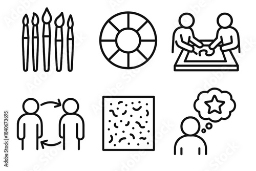 Collaborative Art Icons. Group Art Making linear set: collective brush set, shared color wheel, craft table, collaboration arrows, texture sample, creative bubble.