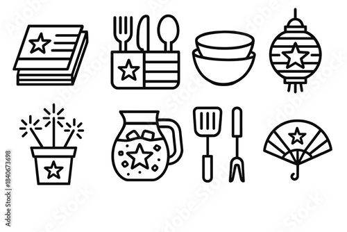 Independence Day Icons. Independence Day party essentials linear set: napkin stack, utensil caddy, snack bowls, paper lantern, centerpiece, chilled jug, grill tools, handheld fan.