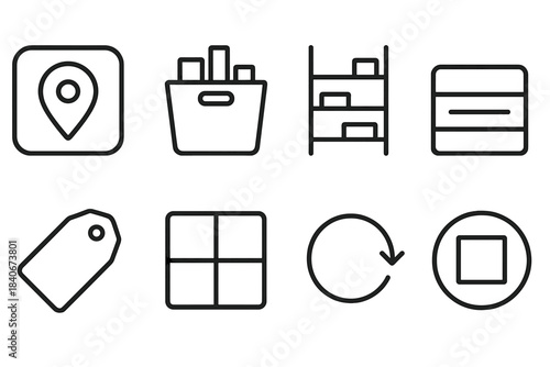 Organized Storage Icons. Organized Living Set linear set: clear-zone marker, sorted storage bin, simple-item rack, structured drawer grid, intention-first tag, calm-layout icon,