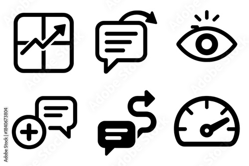 Brutalist Messaging Icons. Context-Aware Messaging silhouette set: adaptive prompt tile, meaning shift arc, relevant cue icon, nuance indicator, refined message path, understanding
