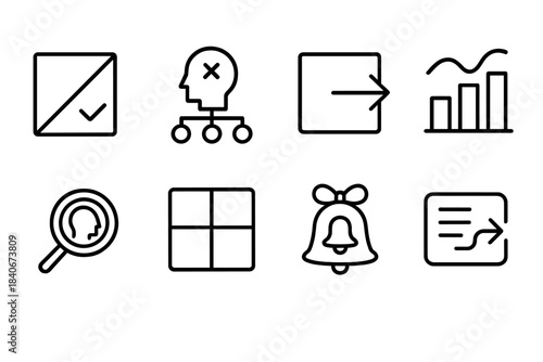 Cognitive Icon Suite. Cognitive Framing Effects linear set: perspective-shift tile, bias detection node, decision-frame arrow, context-influence bar, mental lens ring, perception
