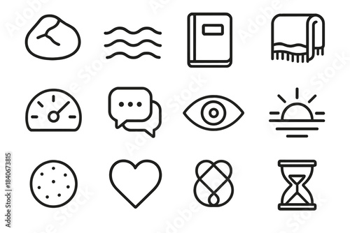 Inner Wellness Icons. Inner Wellness Suite linear set: grounding stone, gentle wave icon, reflective notebook, warm blanket, emotional balance dial, supportive chat bubble, calm