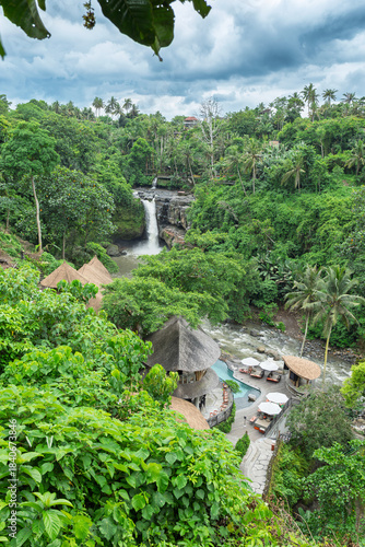 Tegenungan Waterfall Bali 15 11 2025 – A stunning aerial-style view of the green tropical landscape surrounding the powerful waterfall near Ubud, Indonesia.