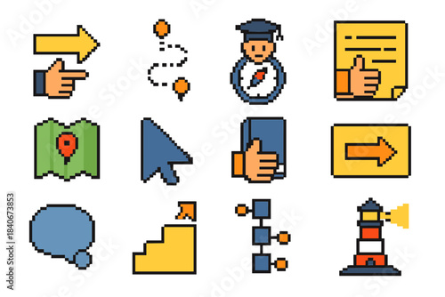 Educational Guidance Icons. Educational Guidance Icons pixel style set: teaching arrow, learning pathway, student compass, helpful notes, academic map, guidance pointer, supportive