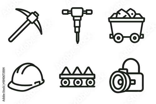 Mining Essentials Icons. Mining Equipment Essentials linear set: pickaxe, rock drill, ore cart, safety helmet, conveyor segment, miner lamp.