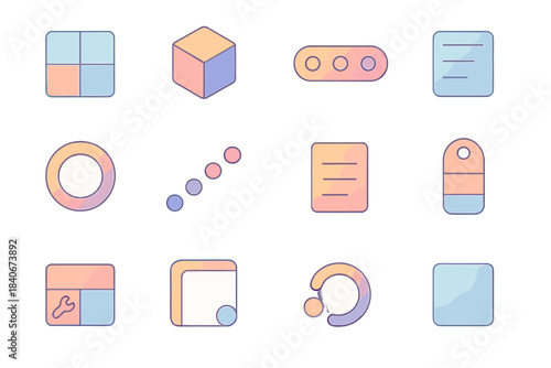 Colorful Minimalist Design Icons. Simple Living Concepts flat isometric set: clarity field tile, essential object node, low-stimulus bar, calm-design ring, purposeful step dot,