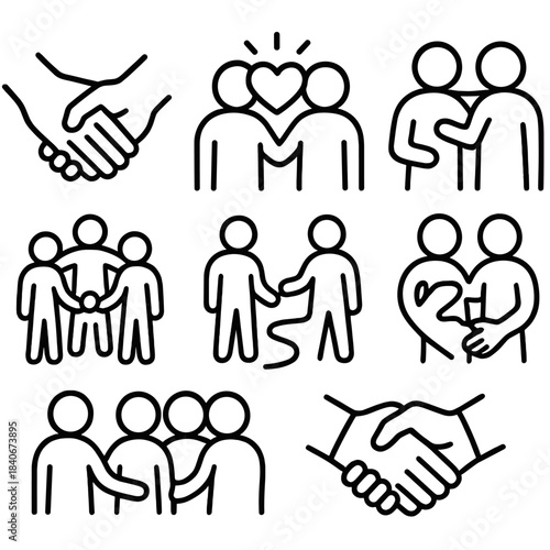 Icons of Empathy. Human Bonding Elements linear set: gentle handhold, shared heart glow, comforting gesture, unity ring, mutual care, connection path, empathy touch, partnership