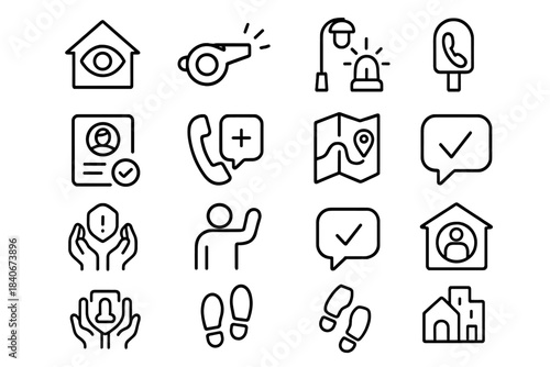 Community Safety Icons. Community Safety Support linear set: neighborhood watch icon, safety whistle, streetlight beacon, trusted contact card, emergency phone point, safe route