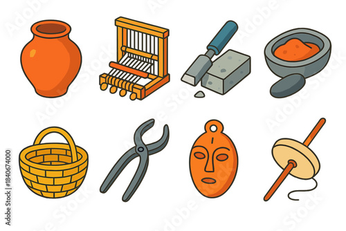 Ancient Craft Tools Icons. Ancient Crafts & Artistry isometric flat set: clay pot, weaving loom, stone chisel, pigment grinder, reed basket, metalworking tongs, carved amulet,