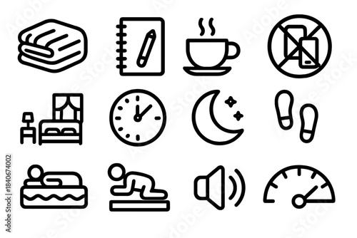 Restful Night Icons. Restful Night Essentials linear set: warm blanket, bedtime journal, unwind cup, no-screen symbol, darkened room icon, sleep-friendly clock, peaceful moon,