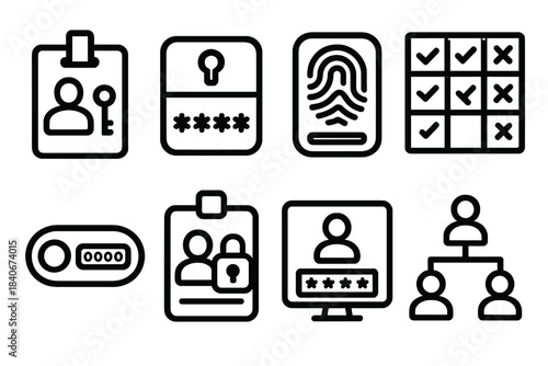 Access Control Icons. Access Control Essentials linear set: keycard icon, password vault, biometric scanner, permission matrix, MFA token, lock badge, secure login screen, role