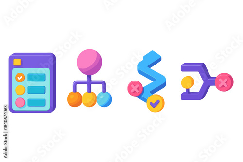 Colorful Isometric Icons. Cognitive Selection Frameworks flat isometric set: option-screen tile, priority-bead node, elimination-path strip.