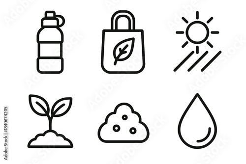 Green Living Icons. Green Living Essentials linear set: reusable bottle, cloth shopping bag, solar ray icon, leafy sprout, compost mound, clean water drop.