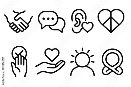 Symbols of Trust. Understanding & Trust Symbols linear set: connected hands, open conversation cue, empathy ear, peace heart link, alignment check, supportive gesture, calm glow,