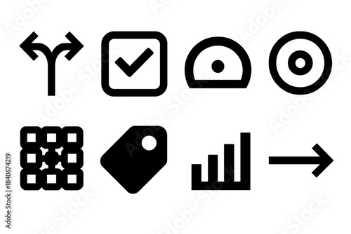Bold Vector Icons. Personal preference routes silhouette set: option path bar, selection marker tile, priority arc, clarity cue, preference ring, decision grid node, choice tag,