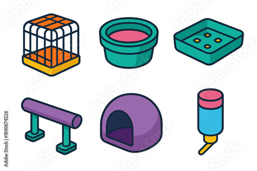 Tiny Creature Homes. Tiny Creature Homes isometric flat set: cage outline, nesting cup, foraging tray, perch bar, hide cave, water bottle.