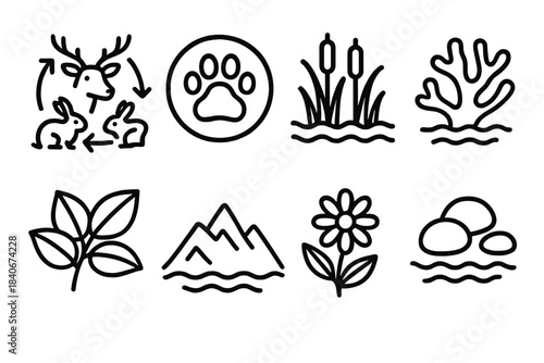 Ecosystem Symbols. Ecosystem Balance Care linear set: food web diagram, keystone species paw, wetlands grasses, coral fragment, canopy leaf cluster, mountain ridge line, prairie