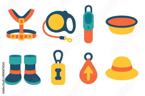 Colorful Pet Gear Icons. Outdoor Pet Accessories flat set: harness, retractable leash, portable water bottle, travel bowl, paw boots, waste bag holder, trail marker tag, sun hat