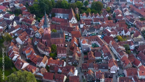 Aerial view of the city Michelstadt in Germany. On a late afternoon in autumn. 