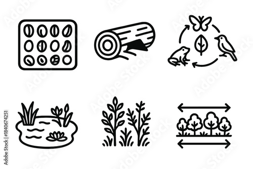 Garden Biodiversity Icons. Garden Biodiversity Essentials linear set: seed diversity tray, shelter log, balanced food web node, small pond, hedgerow line, habitat corridor arrows.