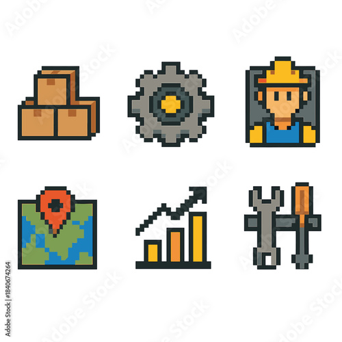 Factory Icons Set. Factory Resource Management pixel style set: inventory stack, machine gear, workforce icon, shift schedule, resource map, production bar, tool rack, assignment