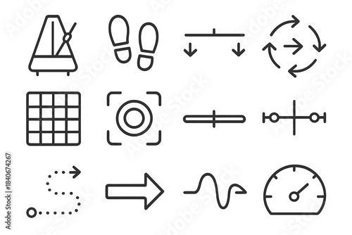 Structured Icon Alignment. Consistent Pace linear set: metronome icon, even steps, balanced line, steady arrows, rhythm grid, focus lens, timeline bar, alignment markers, guided