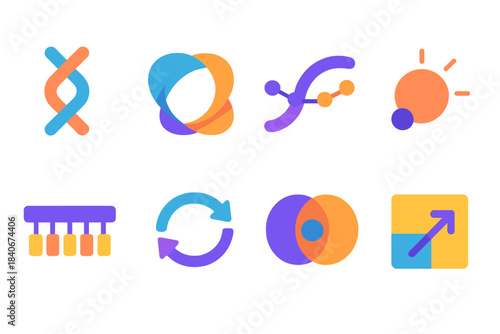 Vibrant Concept Icons. Synthesis-driven idea modules flat set: concept braid tile, fusion band, linking arc, insight node, pattern connector bar, knowledge loop, synthesis token,
