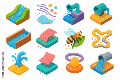 Colorful Dispersion Icons. Microfragment Dispersion Routes flat isometric set: surface runoff stream, wind-scattered flakes, filter bypass leak, drainage channel residue, marine