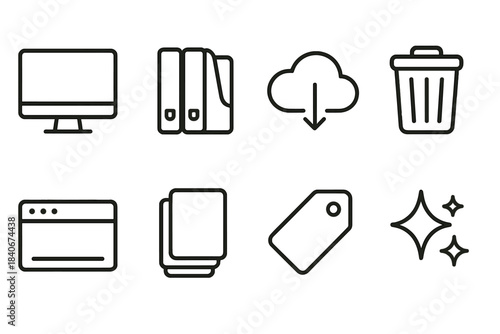 Minimalist Digital Icons. Minimalist Digital Spaces linear set: clean desktop, folder organizer, cloud archive, trash bin, streamlined toolbar, note stack, tag icon, declutter