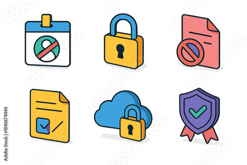 Data Privacy Icons. Data Privacy Set isometric flat set: anonymized ID, lock symbol, restricted file, consent form icon, secure cloud, protection badge.
