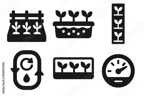 Urban Farming Icons. Urban Farming Layouts silhouette set: community garden patch, hydroponic tray, modular planter icon, water recycling loop, green wall strip, efficiency meter.
