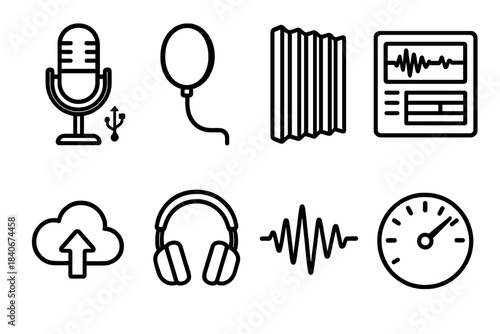 Remote Recording Icons. Remote recording workflows linear set: USB microphone, pop filter, acoustic panel, session timeline tile, cloud upload arrow, monitoring headphones,